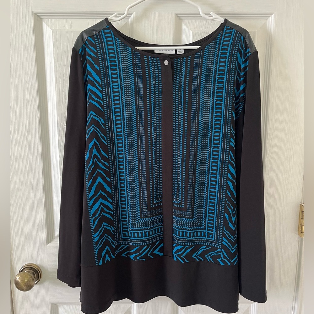 Susan Graver Black & Teal Patterned Long Sleeve Blouse